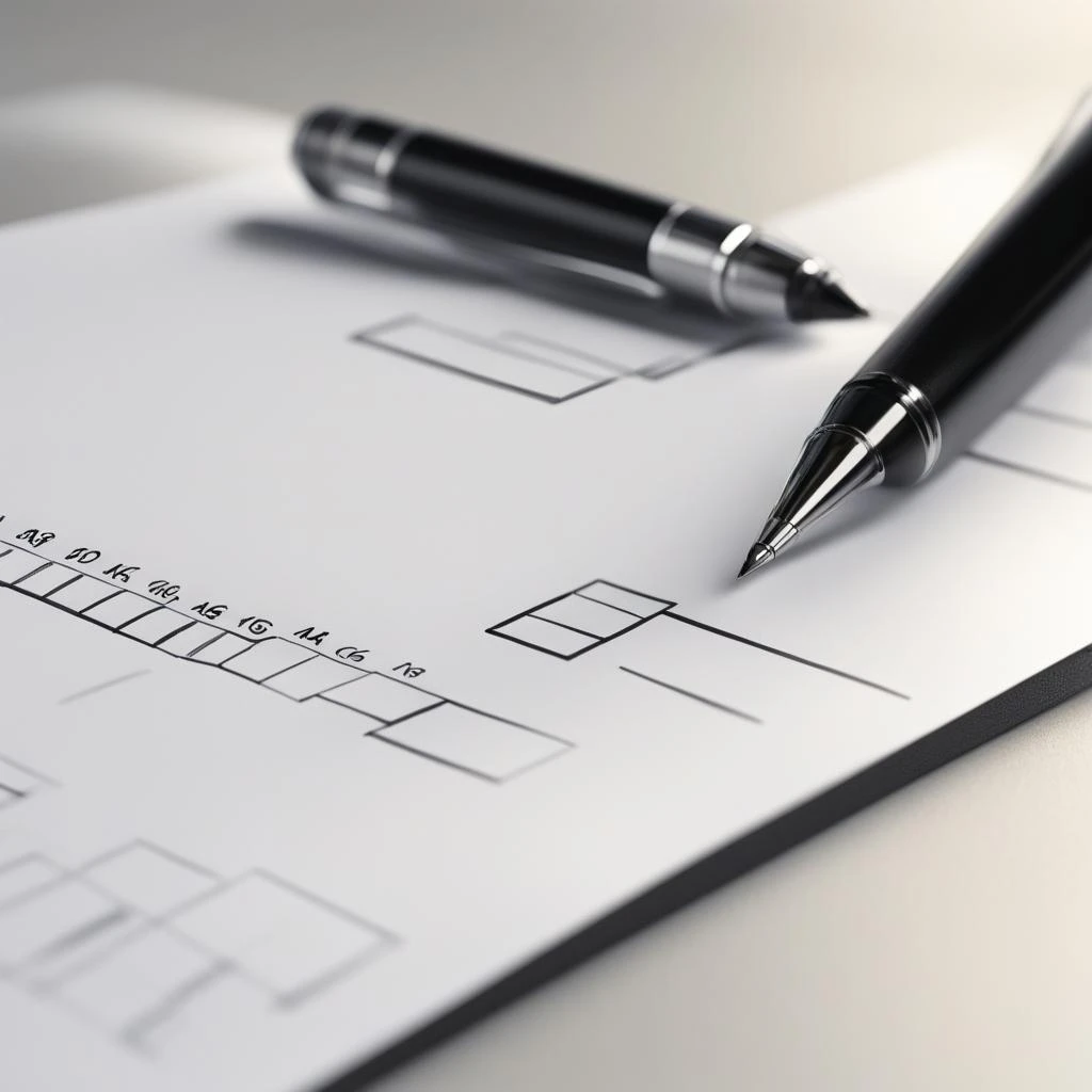 A close-up of a technical drawing or blueprint with a grid layout, featuring a black ballpoint pen with its tip on the paper, suggesting the process of design or planning. The background is a smooth, light-colored surface, emphasizing the detail of the drawing and the precision of the work.